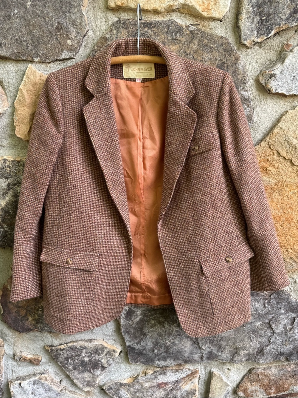 Vintage John Meyer Wool Tweed Blazer Size 14 Brown Micro Check Academia